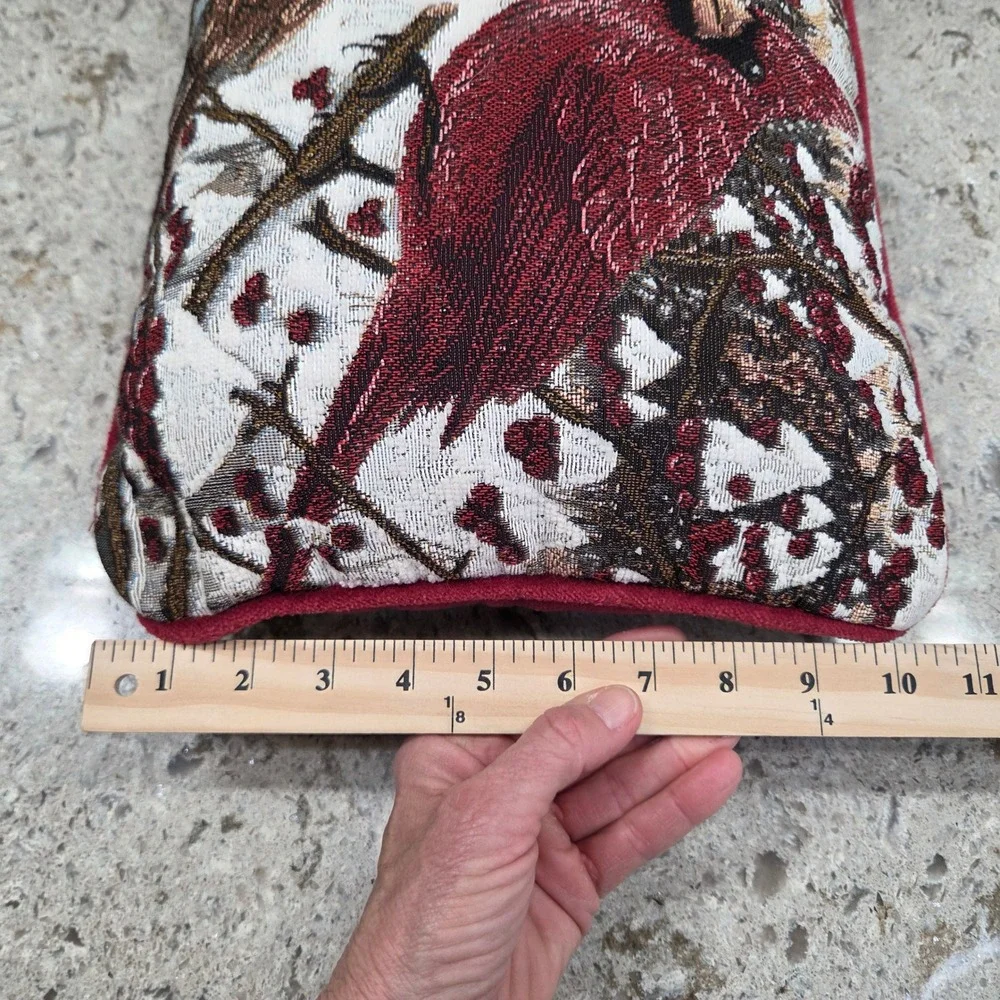 Vintage Cardinal Birds Winter‎ Tapestry Accent Pillow Red Velvet Back 14x10